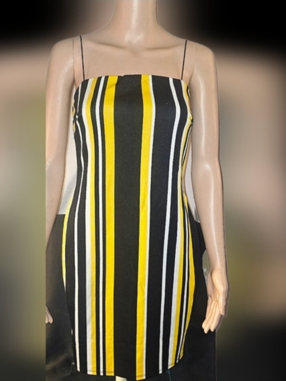 Source Unknown Black, Yellow & White Striped Spaghetti Strap Mini Dress